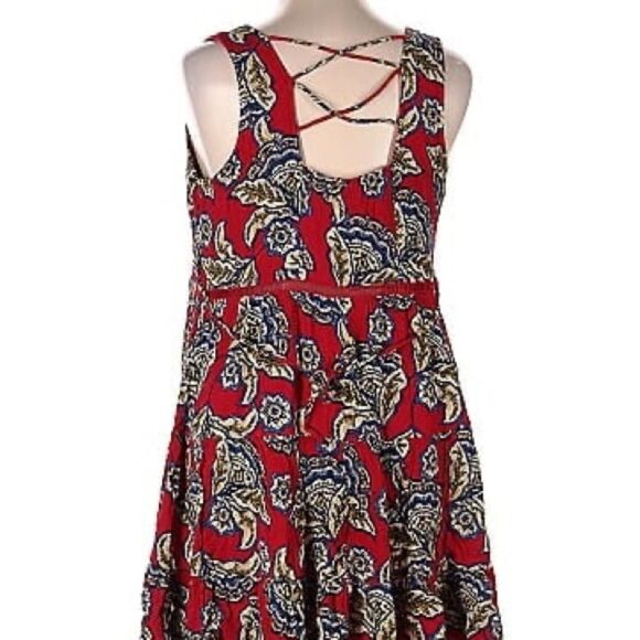 Maurices  Skater Dress Red Floral Ruffle Hem Lattice Back Size Small Boho - Picture 8 of 9